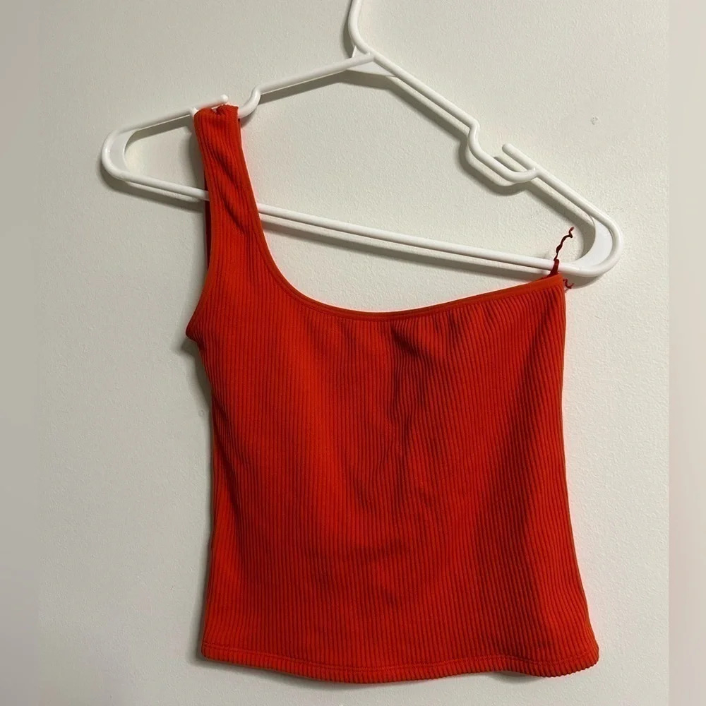 Dynamite Orange Ribbed One Shoulder Tank  Top‎